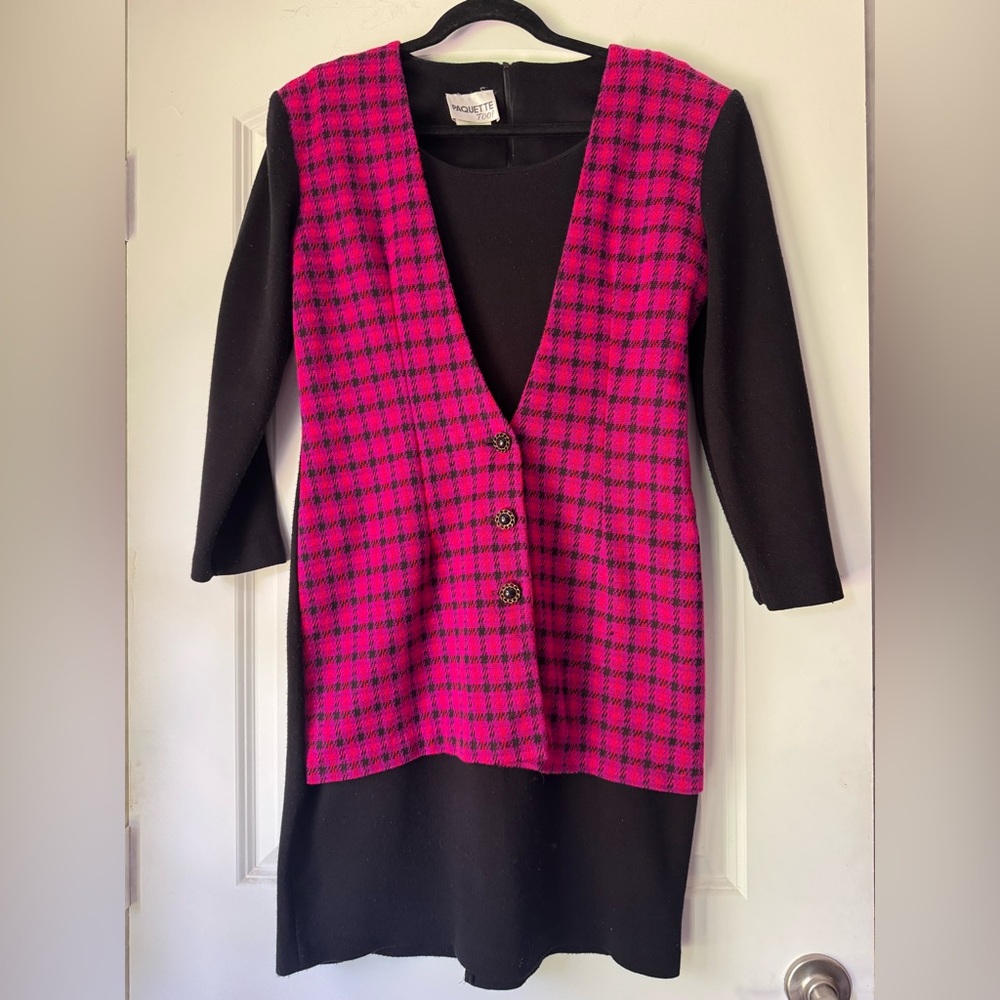 VINTAGE 80s Paquette Too! Long sleeve, Drop waist Pink/Black Plaid Dress, sz 8